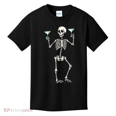Funny Halloween Skeleton Drinking Martini Cocktail Kids T-Shirt