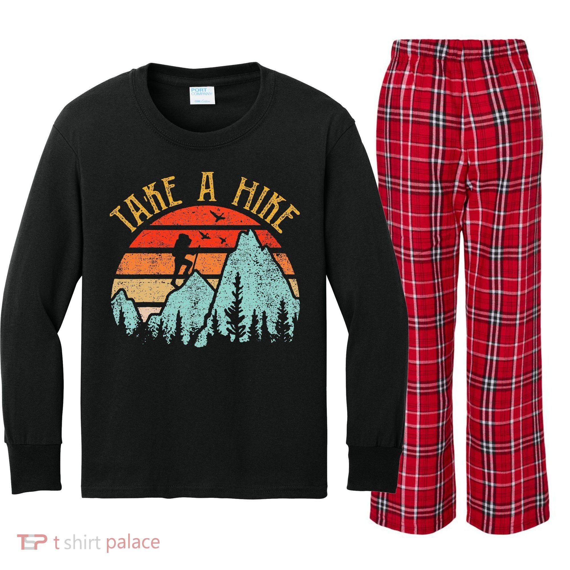 Funny Hiking Take A Hike Women Mountain Hiker Kids Long Sleeve Plaid Pajama Set