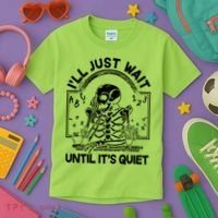 Funny Halloween Teacher Skeleton I'll Just Wait Until It's Quiet Kids T-Shirt thumb 3