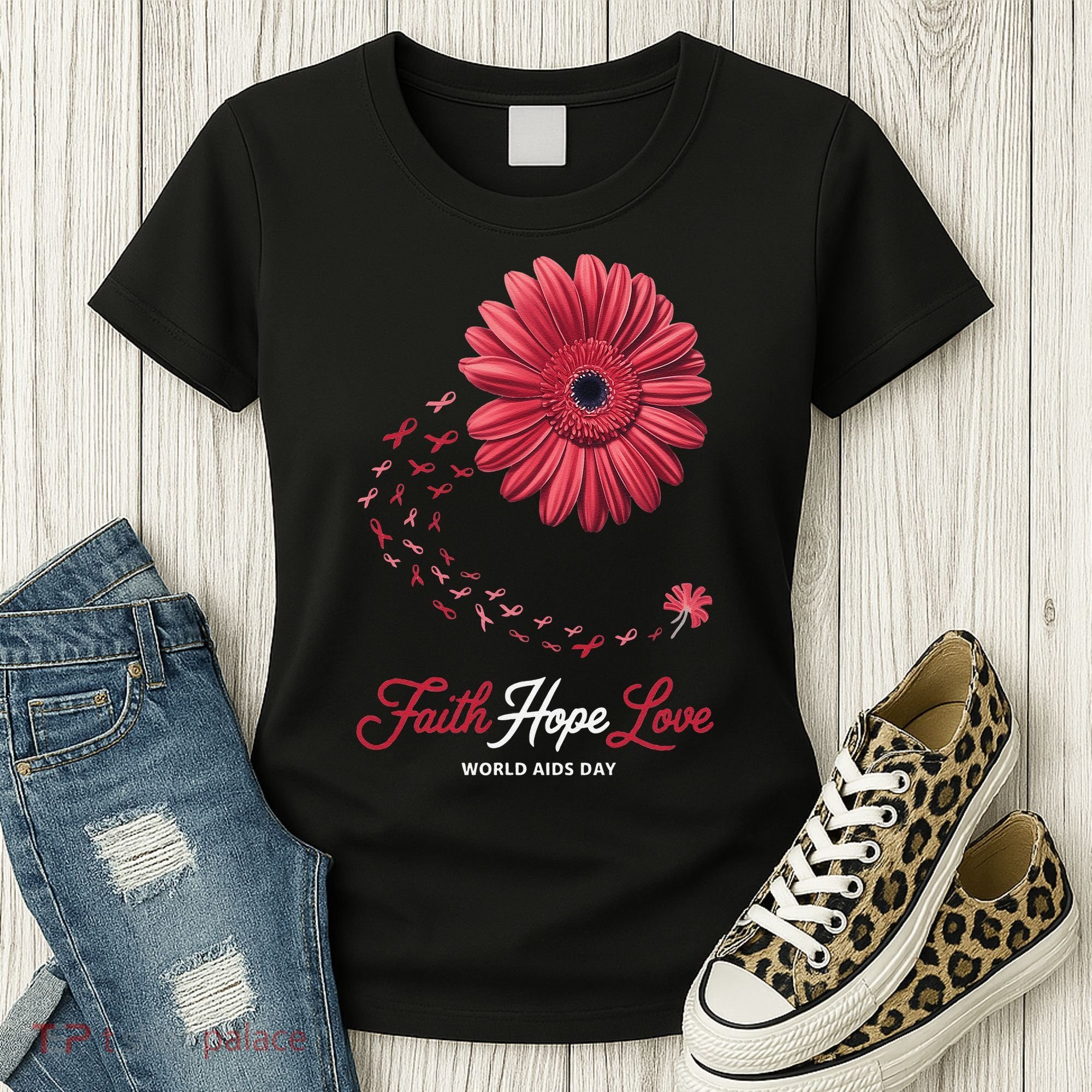 Falth Hope World AIDS Day Awareness Daisy Flower Ribbon Women's T-Shirt