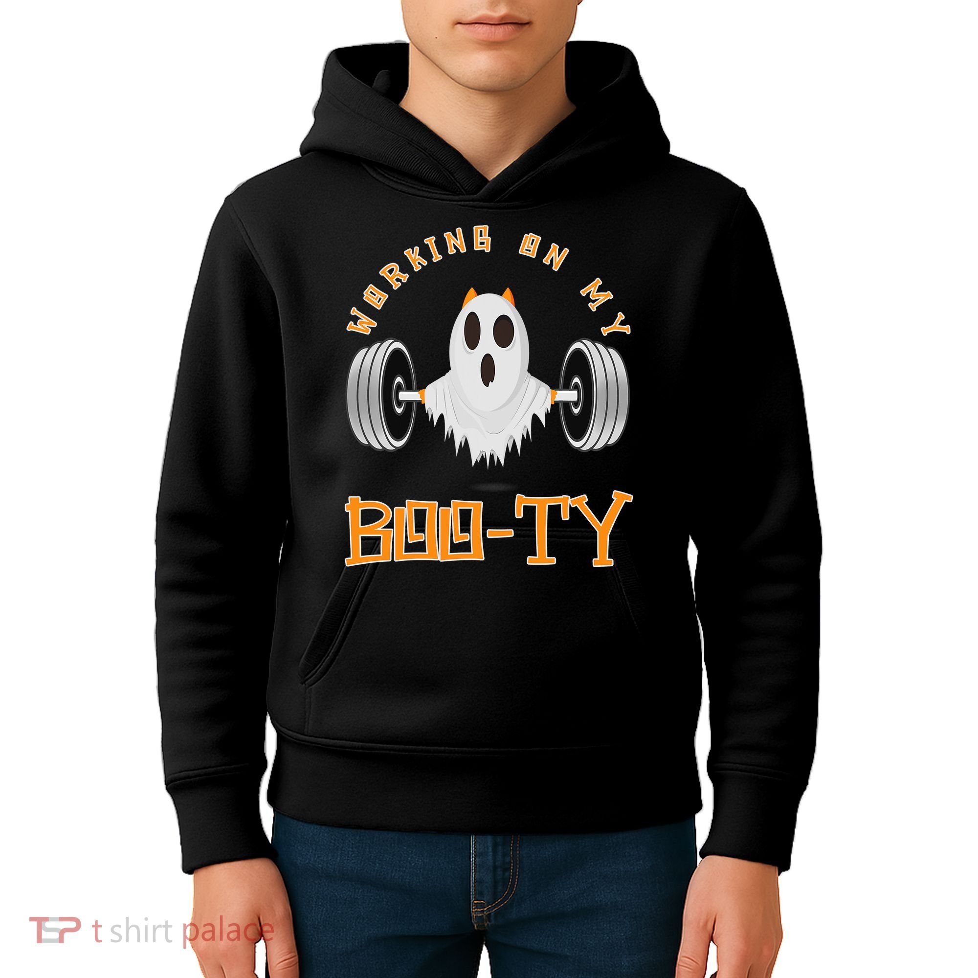Funny Halloween Workout Gym Working On My Boo Ty Ghost Kids Hoodie