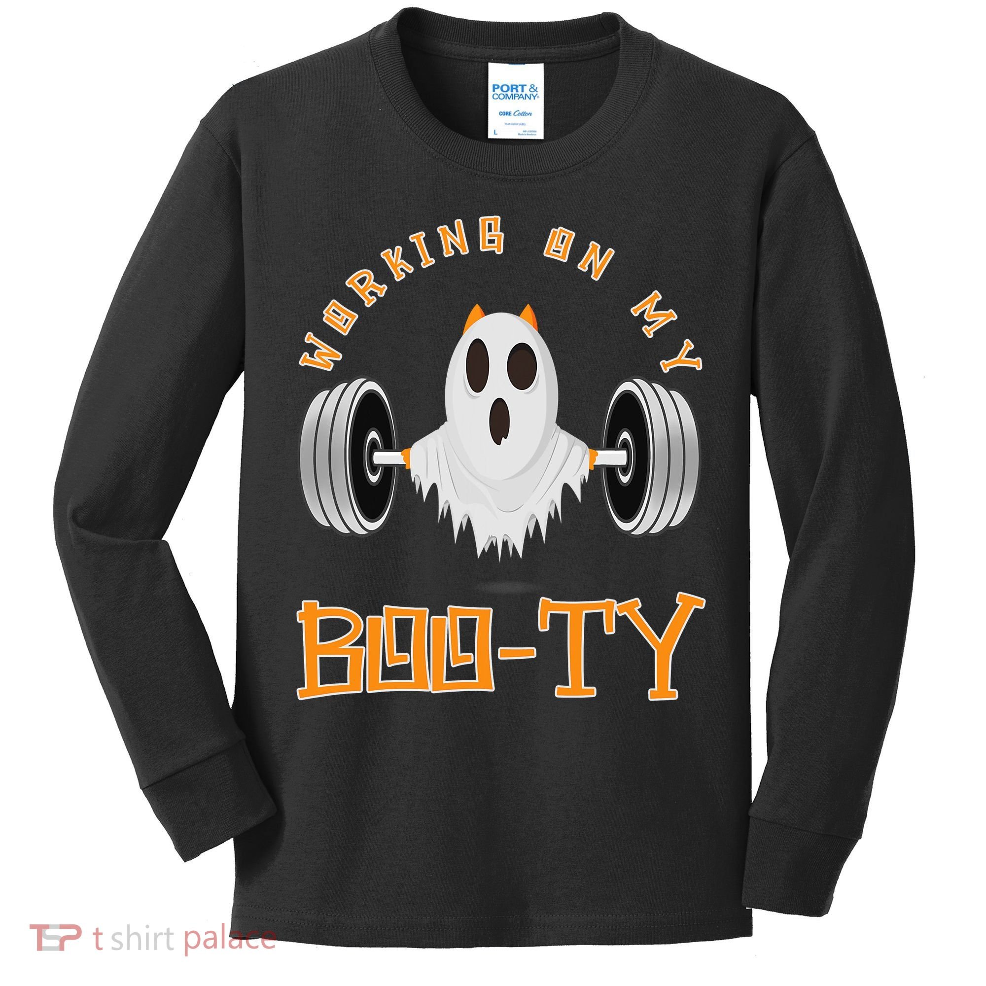 Funny Halloween Workout Gym Working On My Boo Ty Ghost Kids Long Sleeve Shirt