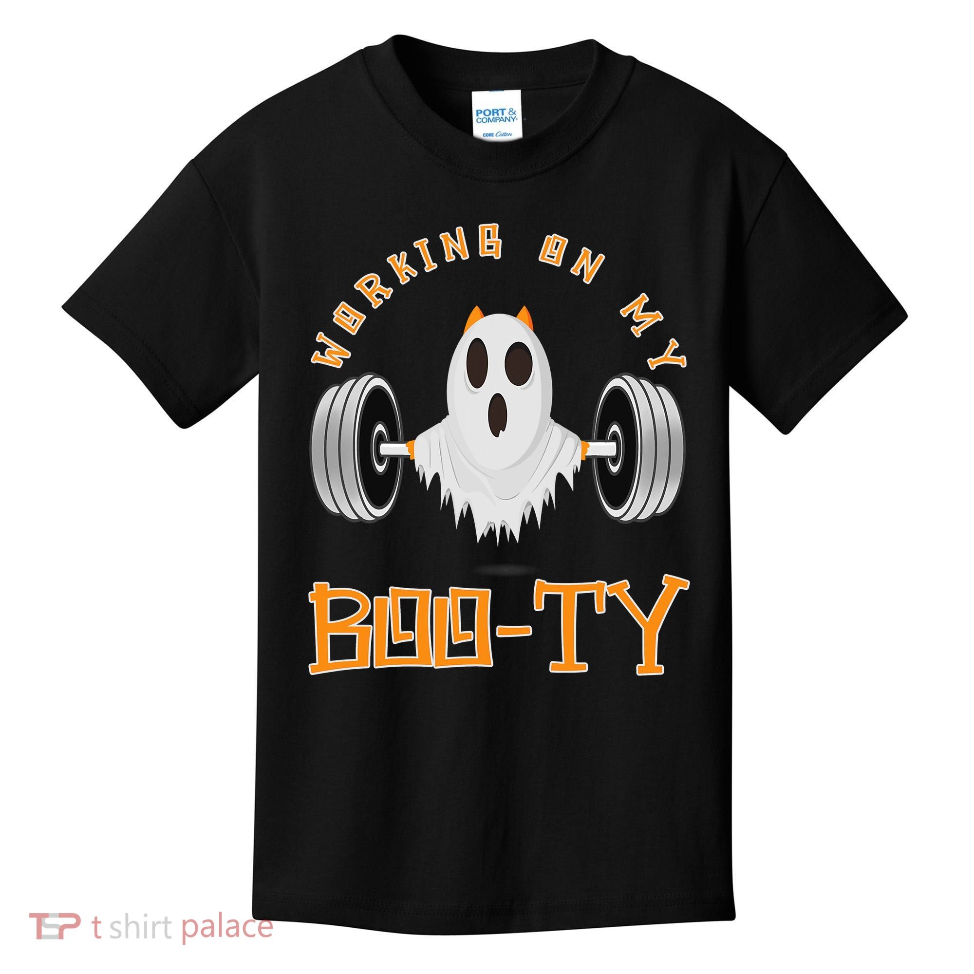 Funny Halloween Workout Gym Working On My Boo Ty Ghost Kids T-Shirt