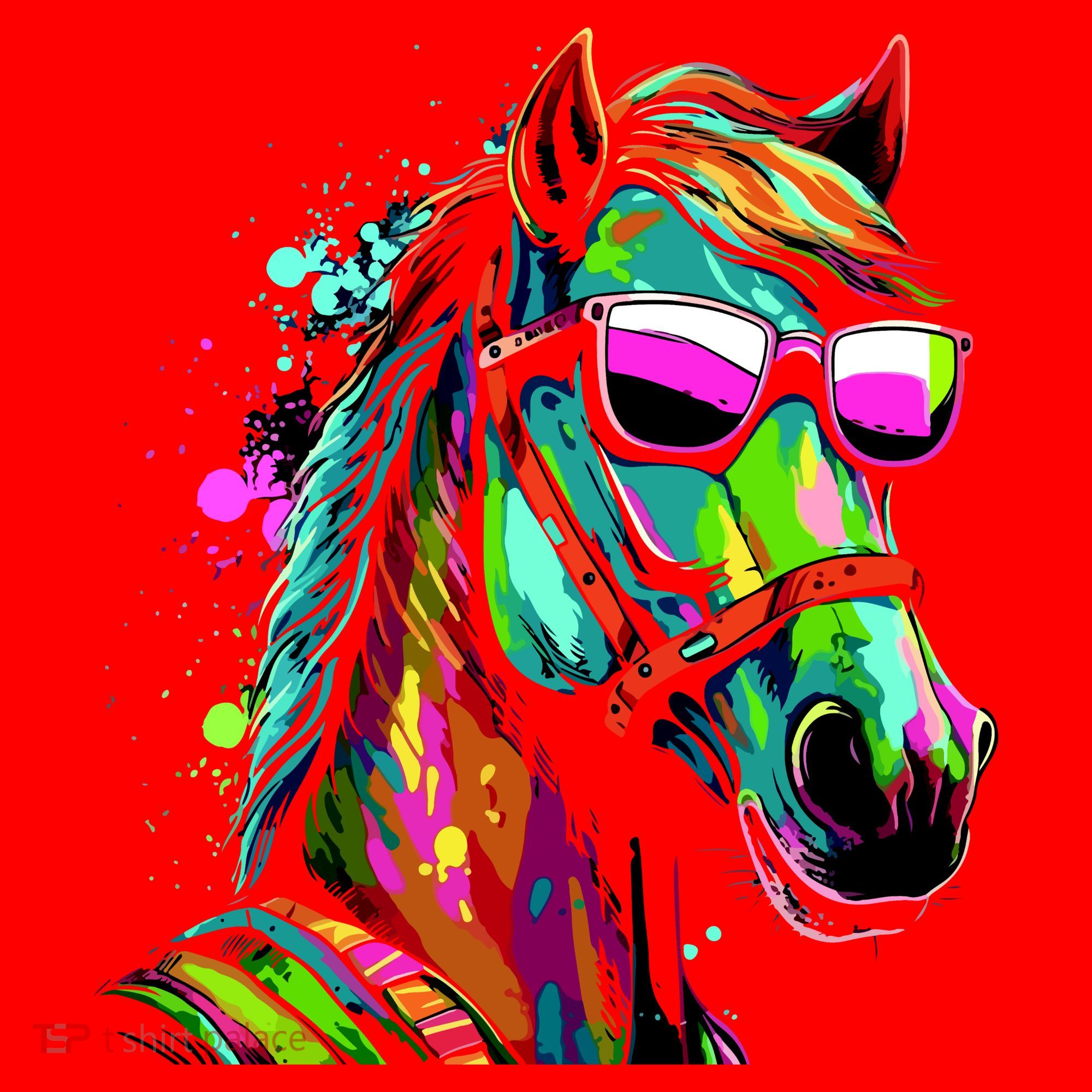 Funny Horse Wearing Sunglasses Abstract Art Santa Hat