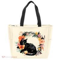 Floral Halloween Wreath Cute Black Cat Tote Bag thumb 0