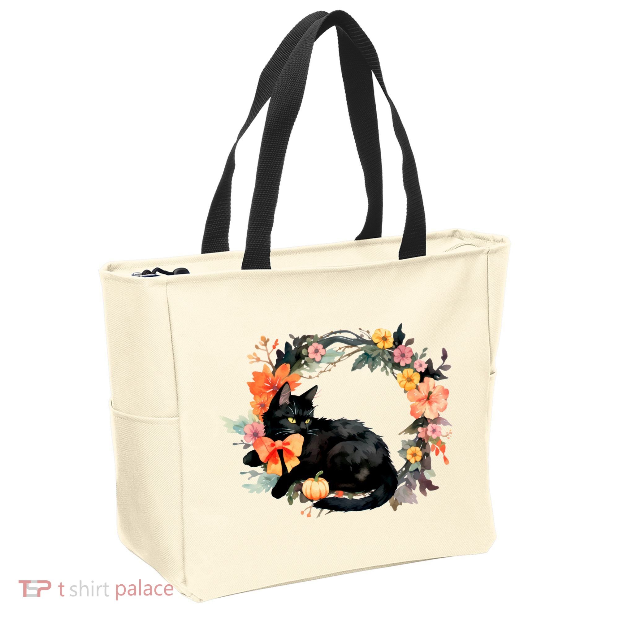 Floral Halloween Wreath Cute Black Cat Tote Bag