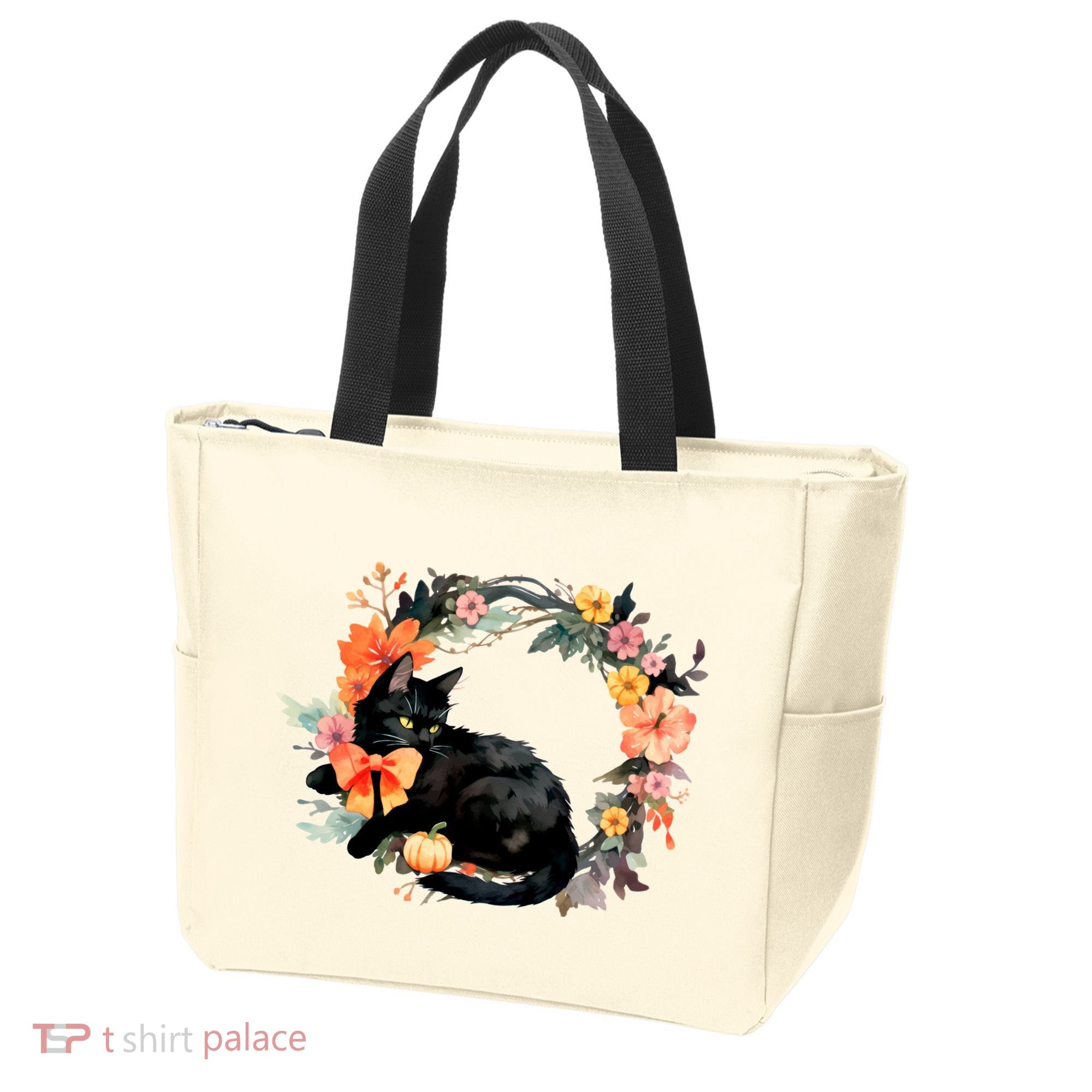 Floral Halloween Wreath Cute Black Cat Tote Bag