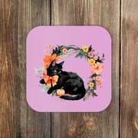 Floral Halloween Wreath Cute Black Cat Coaster thumb 0