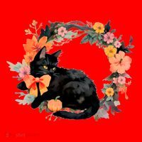Floral Halloween Wreath Cute Black Cat Santa Hat thumb 1
