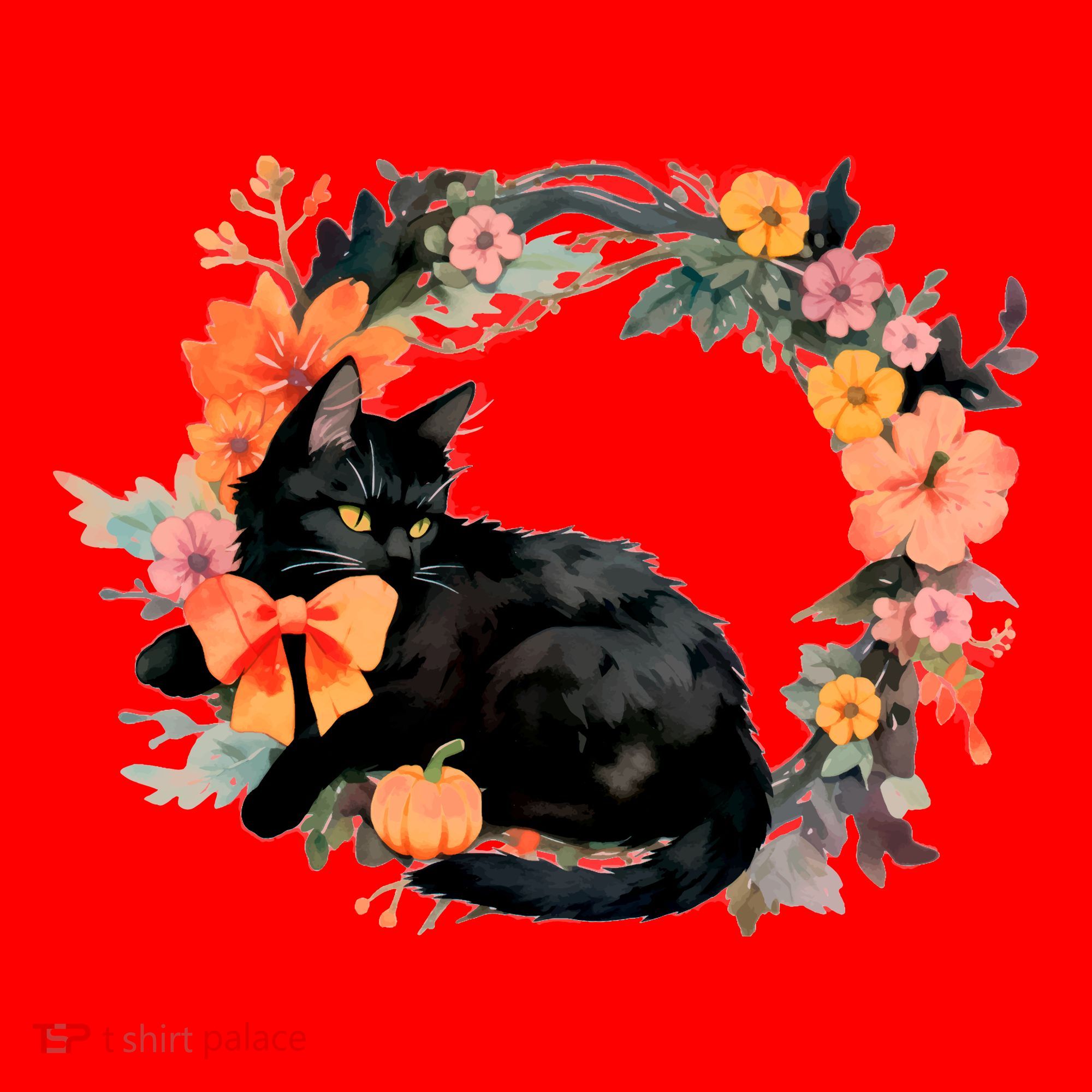 Floral Halloween Wreath Cute Black Cat Santa Hat