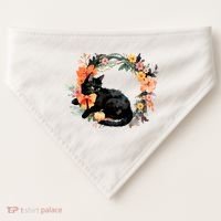 Floral Halloween Wreath Cute Black Cat USA-Made Doggie Bandana thumb 0