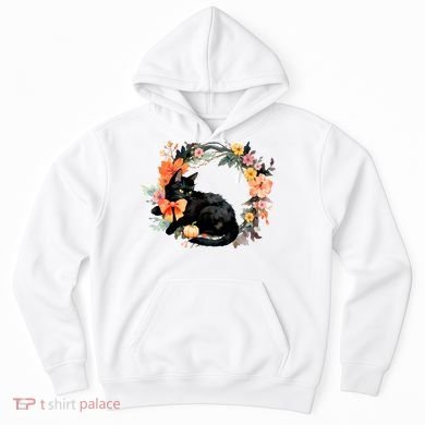 Floral Halloween Wreath Cute Black Cat Hoodie