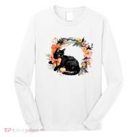 Floral Halloween Wreath Cute Black Cat Long Sleeve Shirt thumb 0