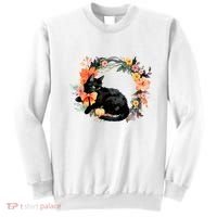 Floral Halloween Wreath Cute Black Cat Sweatshirt thumb 0