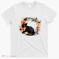 Floral Halloween Wreath Cute Black Cat T-Shirt thumb 0