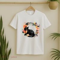 Floral Halloween Wreath Cute Black Cat T-Shirt thumb 2