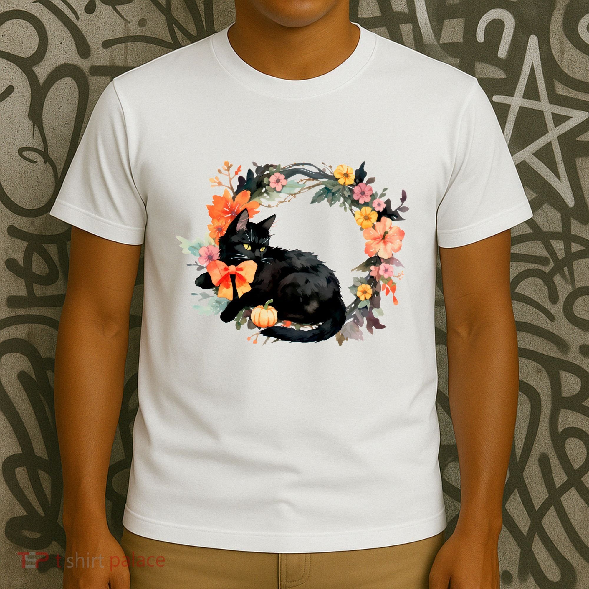 Floral Halloween Wreath Cute Black Cat T-Shirt