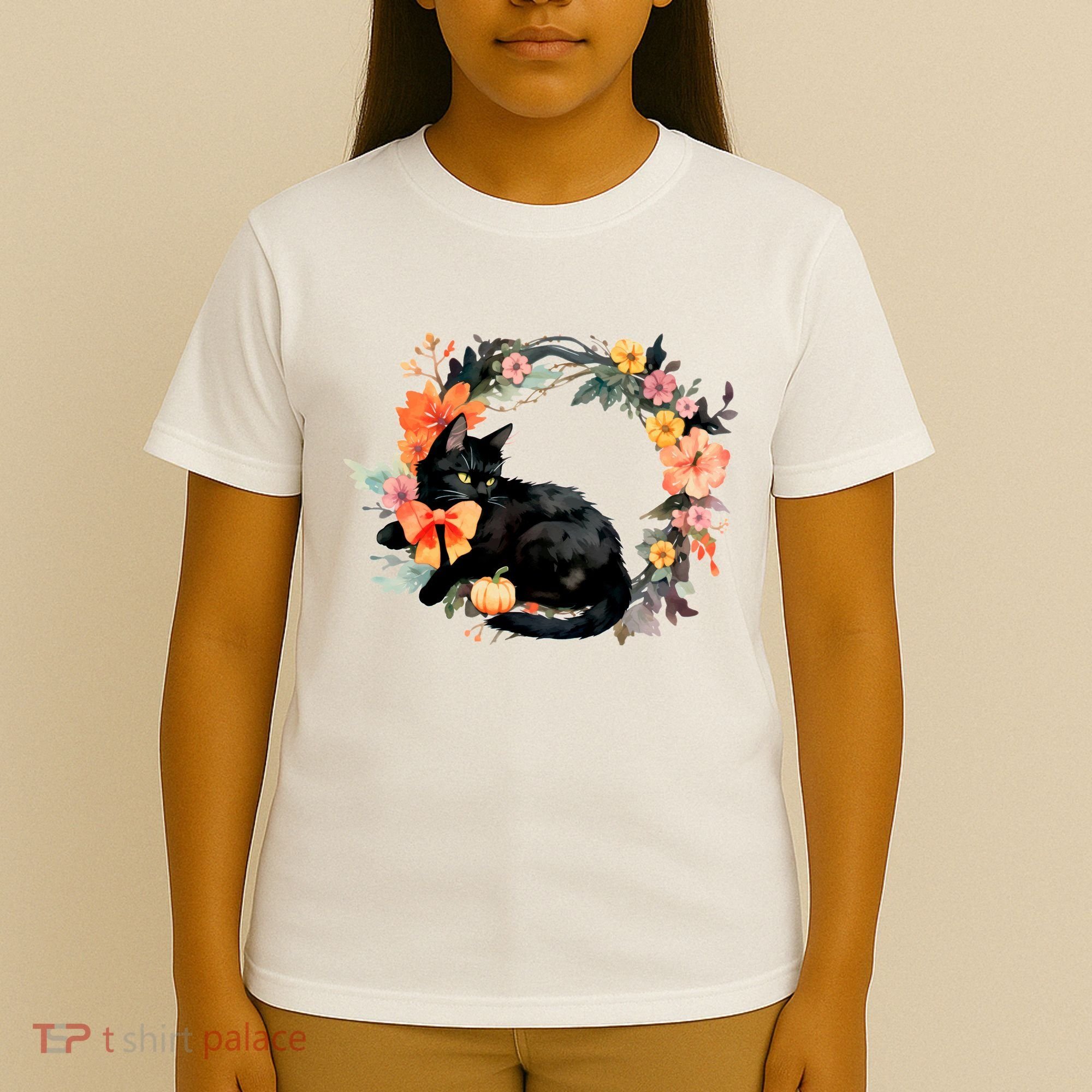Floral Halloween Wreath Cute Black Cat T-Shirt