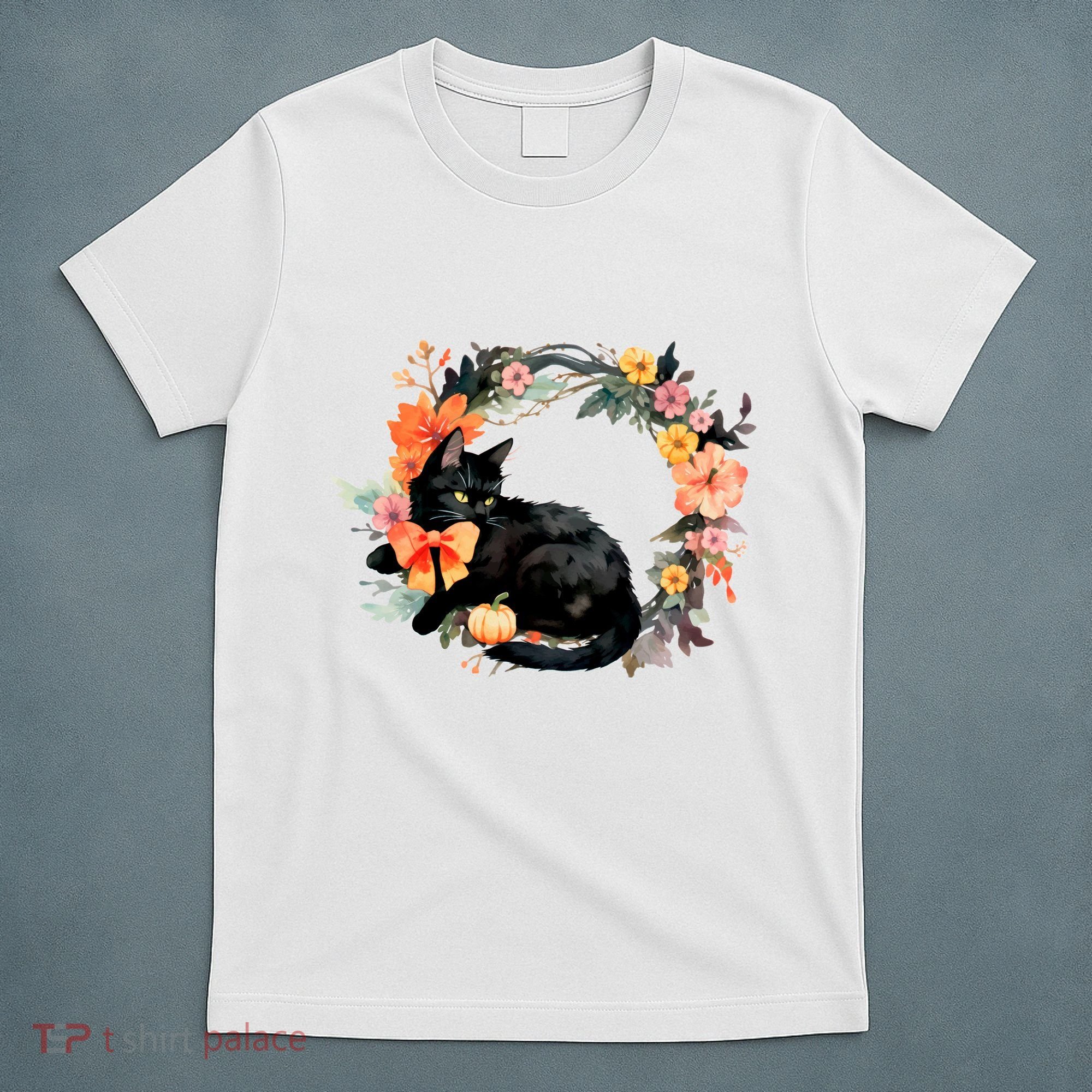 Floral Halloween Wreath Cute Black Cat T-Shirt
