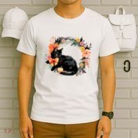 Floral Halloween Wreath Cute Black Cat T-Shirt thumb 6