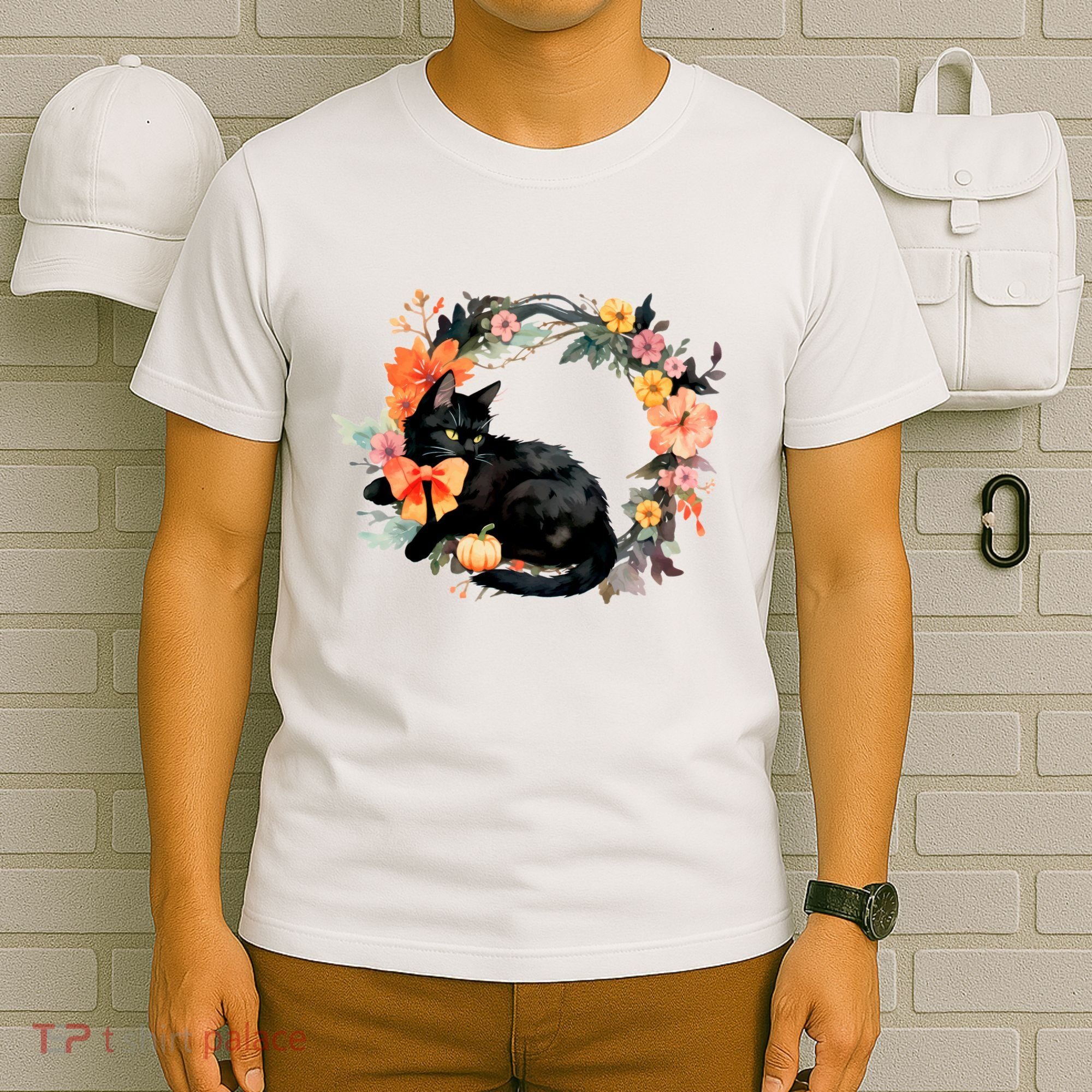Floral Halloween Wreath Cute Black Cat T-Shirt