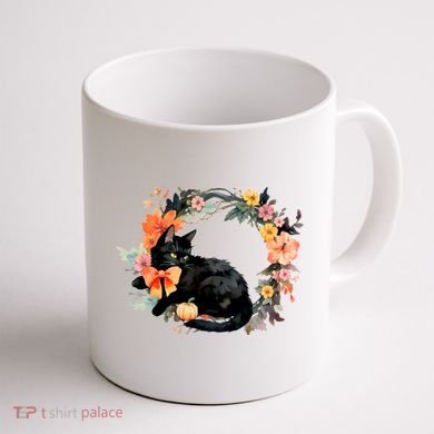 Floral Halloween Wreath Cute Black Cat Coffee Mug back