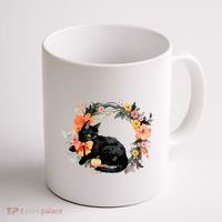 Floral Halloween Wreath Cute Black Cat Coffee Mug thumb 1