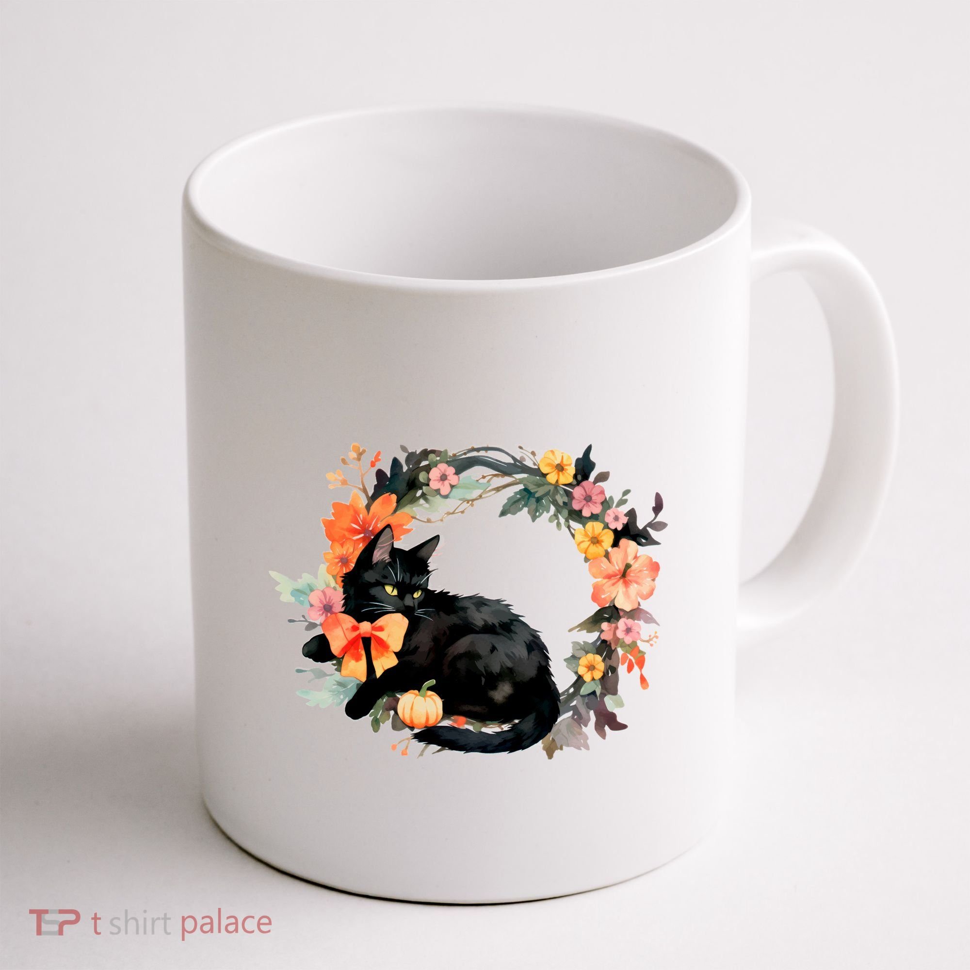 Floral Halloween Wreath Cute Black Cat Coffee Mug