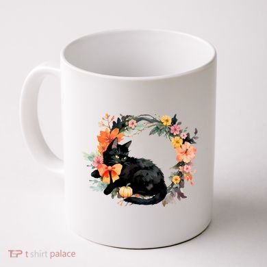 Floral Halloween Wreath Cute Black Cat Coffee Mug
