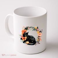 Floral Halloween Wreath Cute Black Cat Coffee Mug thumb 0