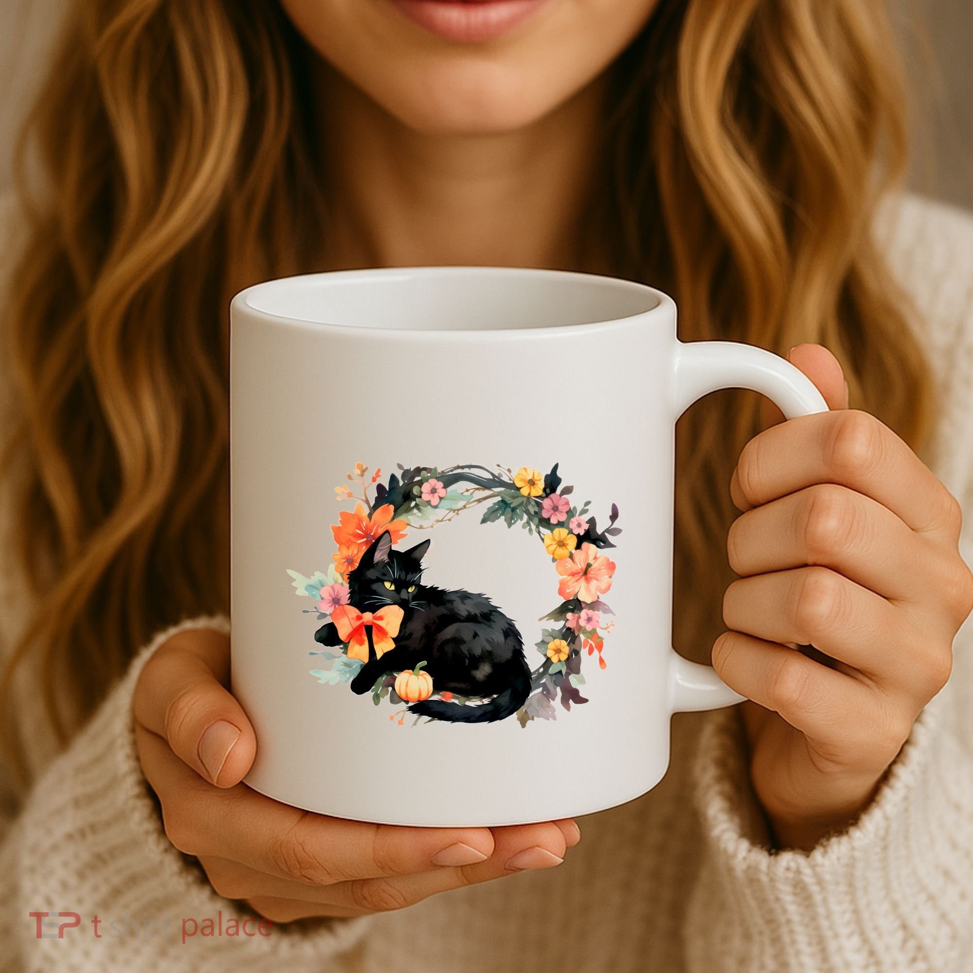 Floral Halloween Wreath Cute Black Cat Coffee Mug