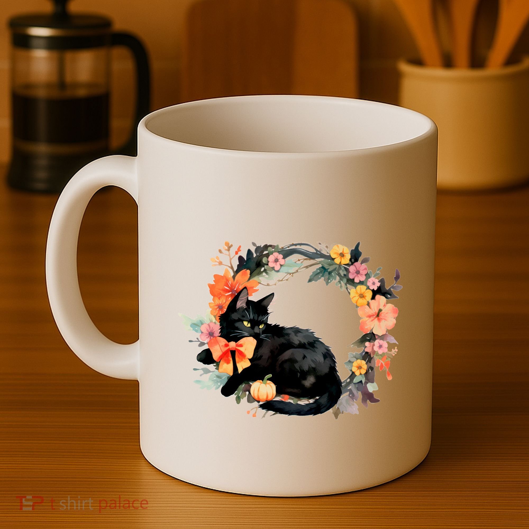 Floral Halloween Wreath Cute Black Cat Coffee Mug