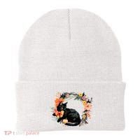Floral Halloween Wreath Cute Black Cat Beanie thumb 0
