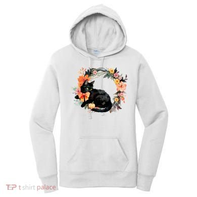 Floral Halloween Wreath Cute Black Cat Women's Hoodie