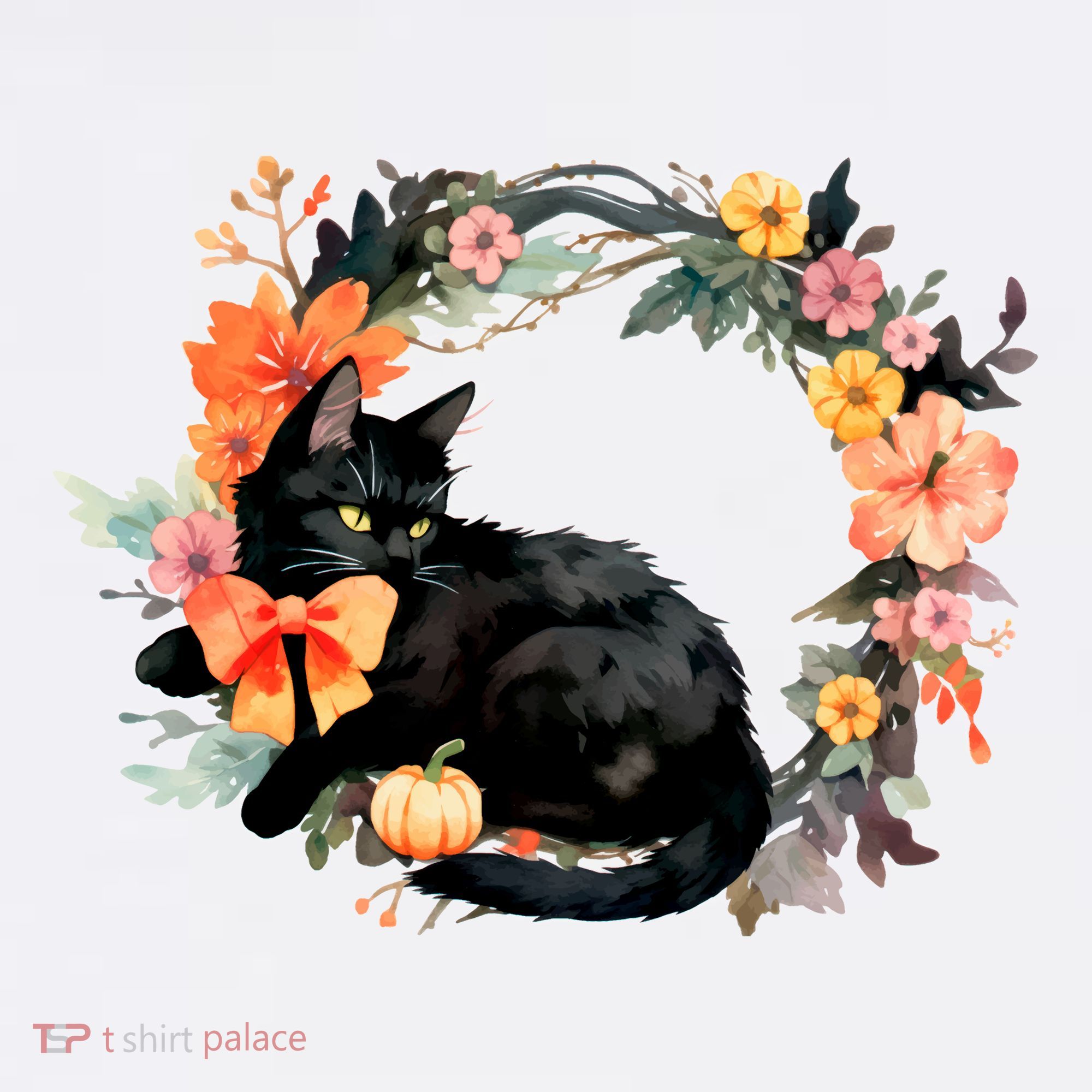 Floral Halloween Wreath Cute Black Cat Women's Hoodie