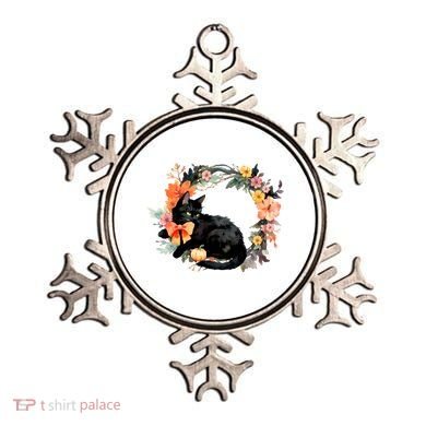 Floral Halloween Wreath Cute Black Cat Ornament