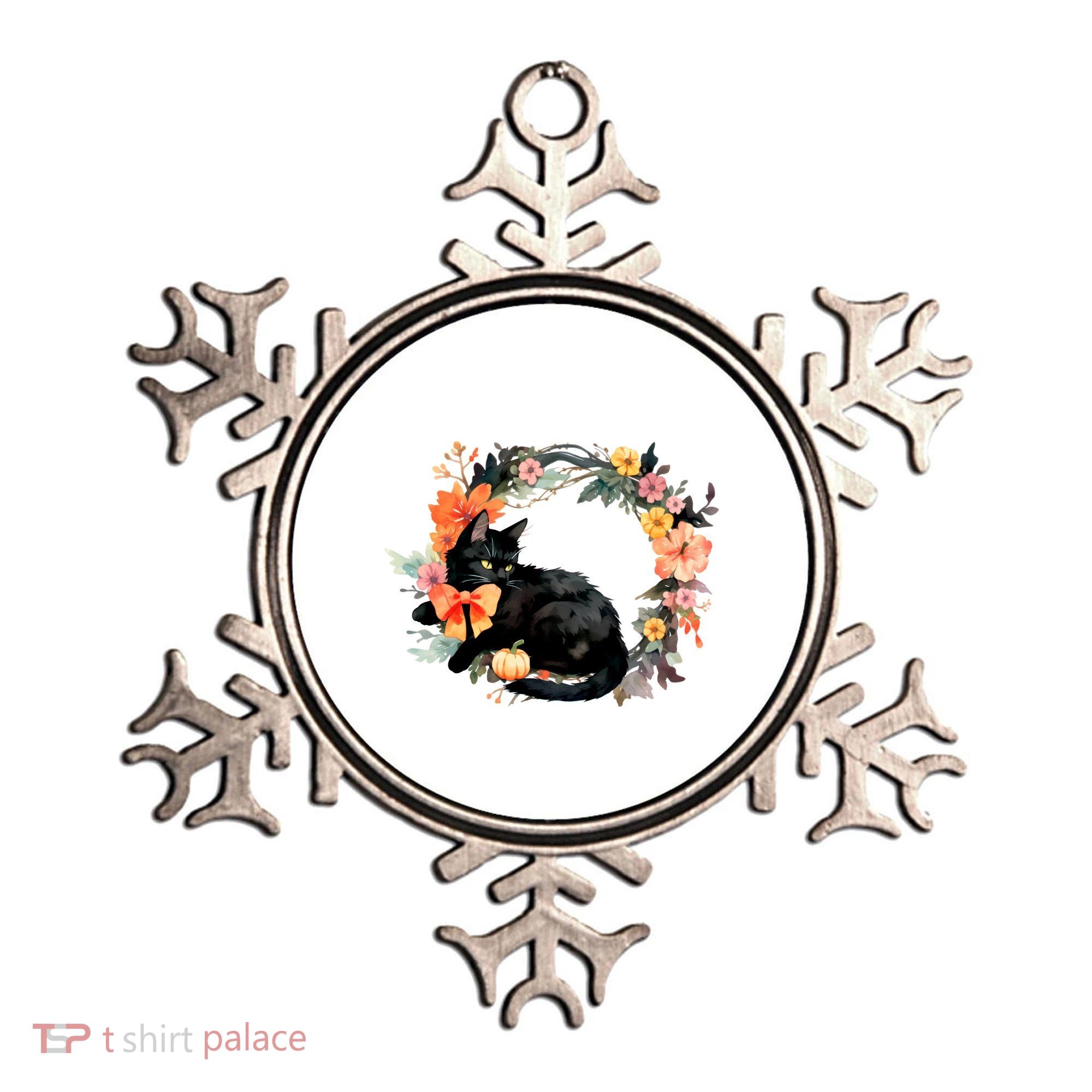Floral Halloween Wreath Cute Black Cat Ornament
