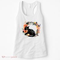 Floral Halloween Wreath Cute Black Cat Women's Tank Top thumb 0