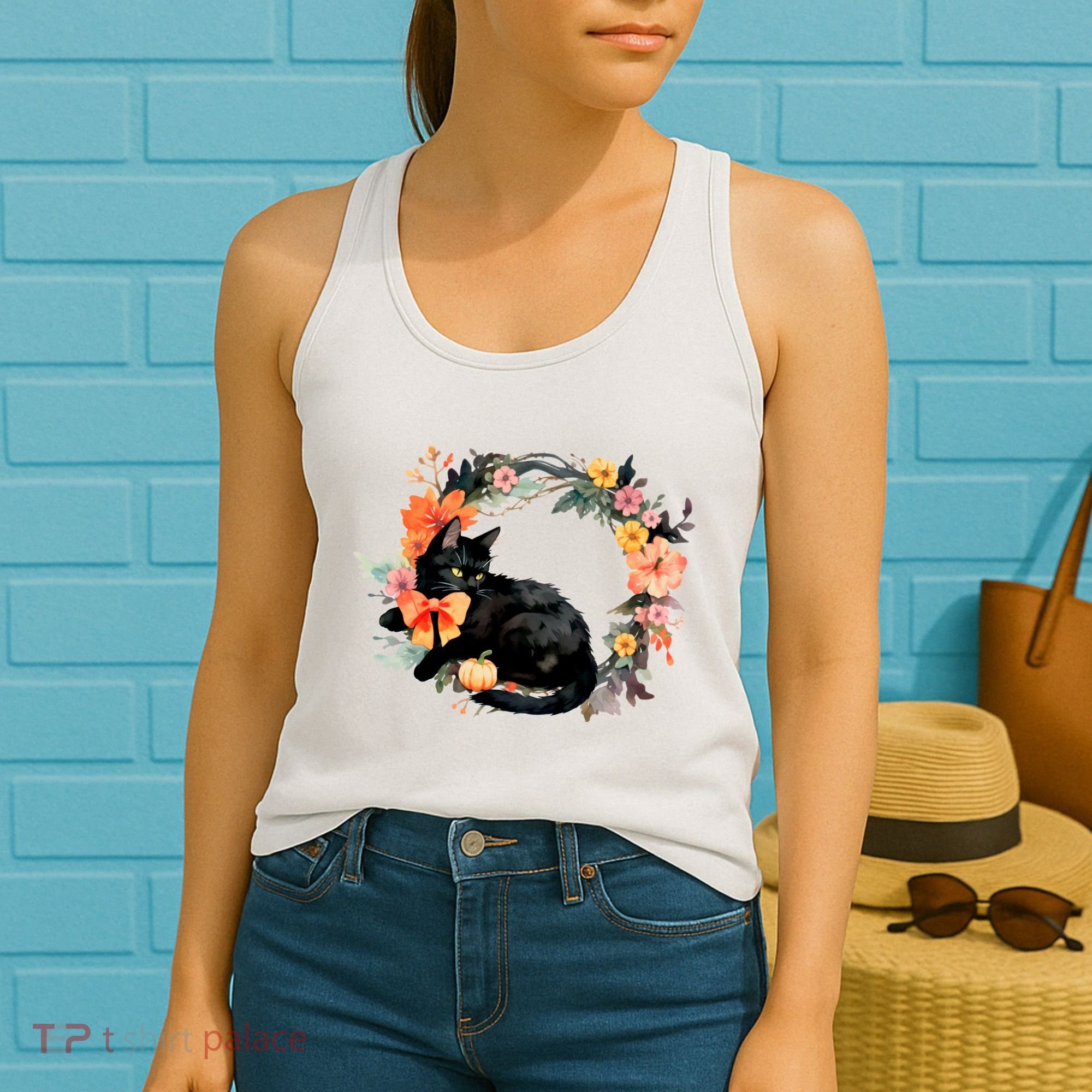 Floral Halloween Wreath Cute Black Cat Women's Tank Top