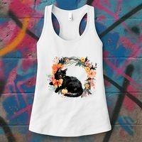 Floral Halloween Wreath Cute Black Cat Women's Tank Top thumb 3