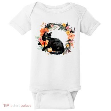Floral Halloween Wreath Cute Black Cat Baby Bodysuit