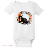 Floral Halloween Wreath Cute Black Cat Baby Bodysuit thumb 0