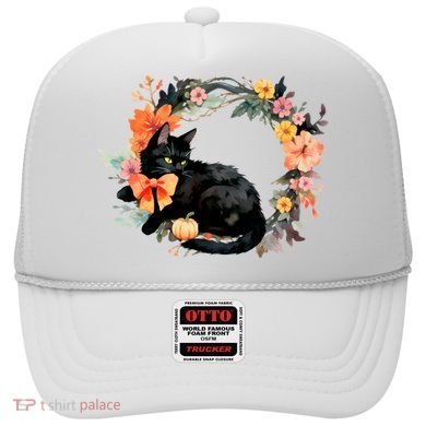 Floral Halloween Wreath Cute Black Cat Hat