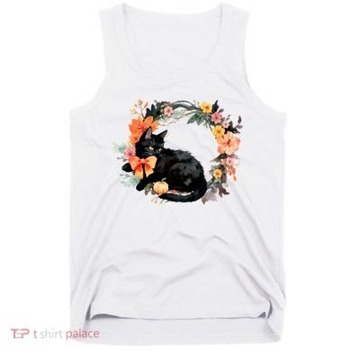 Floral Halloween Wreath Cute Black Cat Tank Top