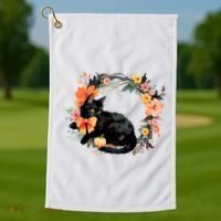 Floral Halloween Wreath Cute Black Cat Golf Towel thumb 1