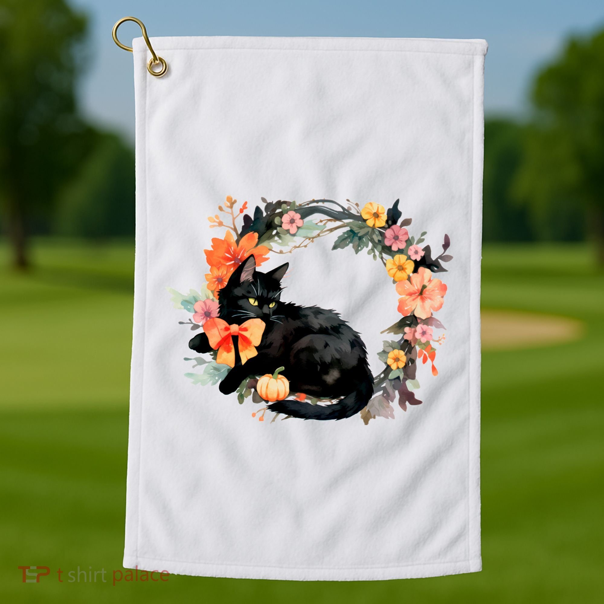 Floral Halloween Wreath Cute Black Cat Golf Towel