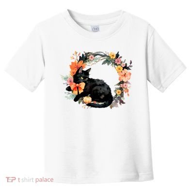 Floral Halloween Wreath Cute Black Cat Toddler T-Shirt