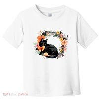 Floral Halloween Wreath Cute Black Cat Toddler T-Shirt thumb 0