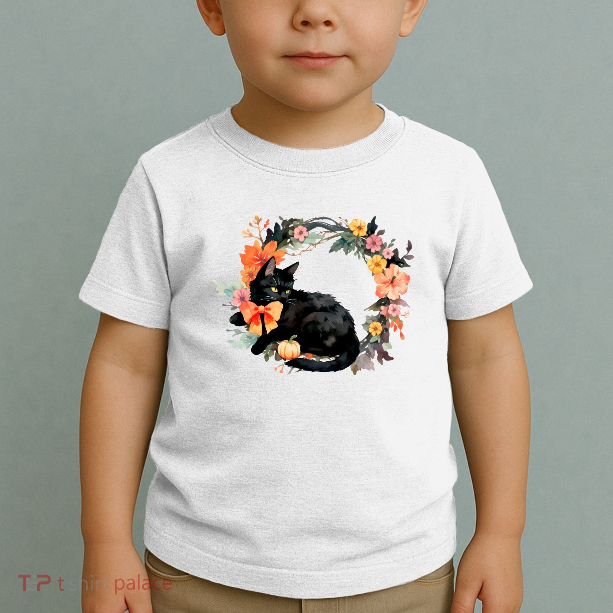 Floral Halloween Wreath Cute Black Cat Toddler T-Shirt