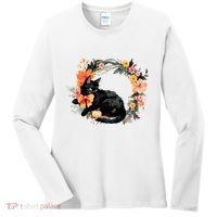 Floral Halloween Wreath Cute Black Cat Women's Long Sleeve Shirt thumb 0